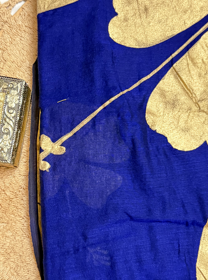 Royal Indigo Mul Cotton Tissue Pallu Saree with Gold Leaf Design & Tassels