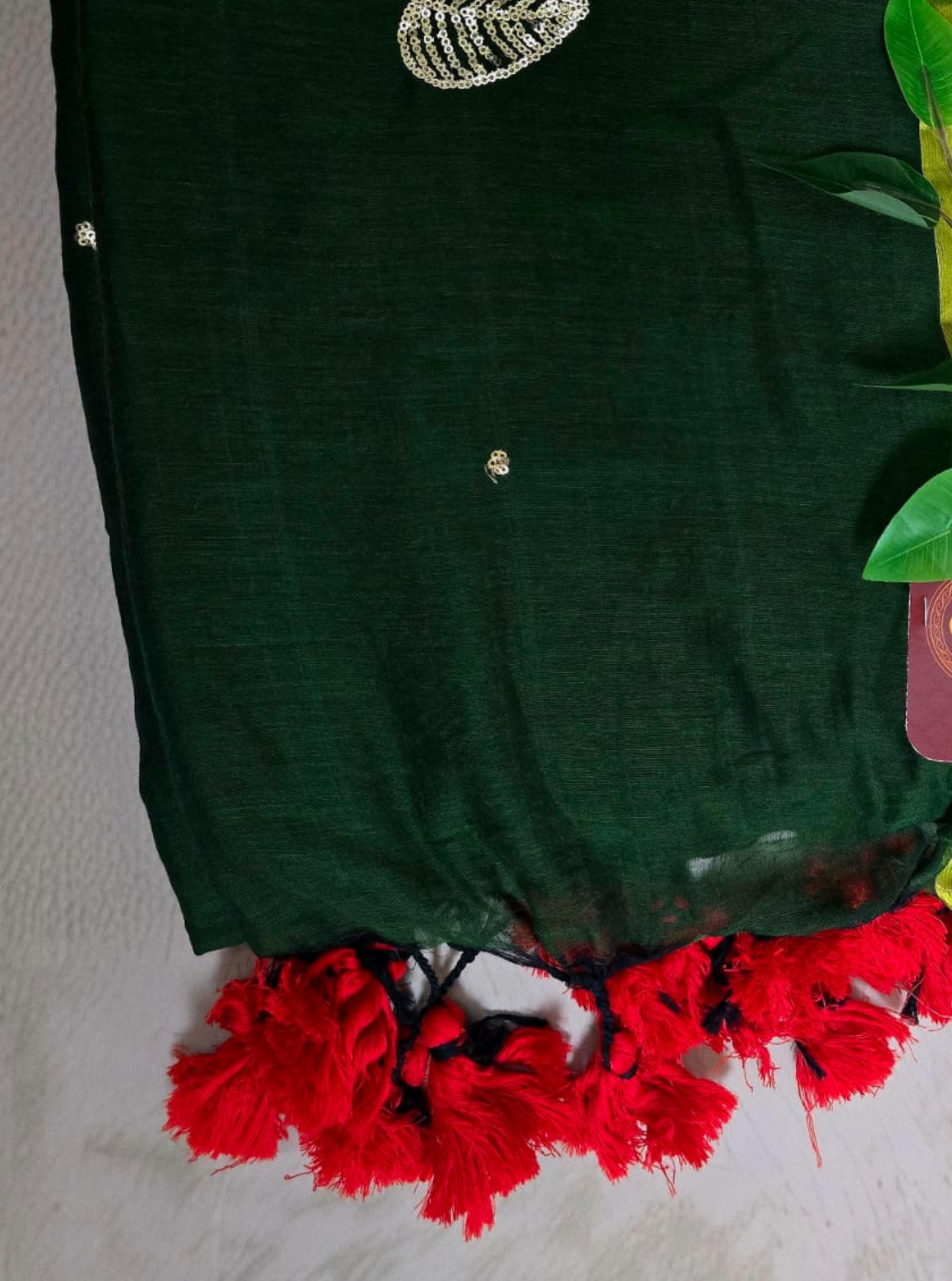 Forest Green Mul Cotton Saree with Hand Embroidered Leaf Motif
