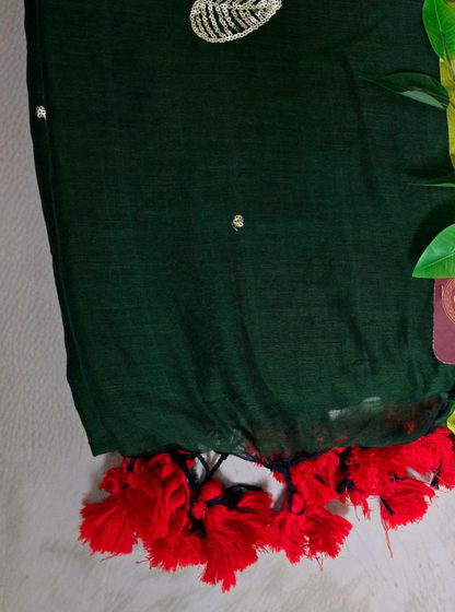 Forest Green Mul Cotton Saree with Hand Embroidered Leaf Motif