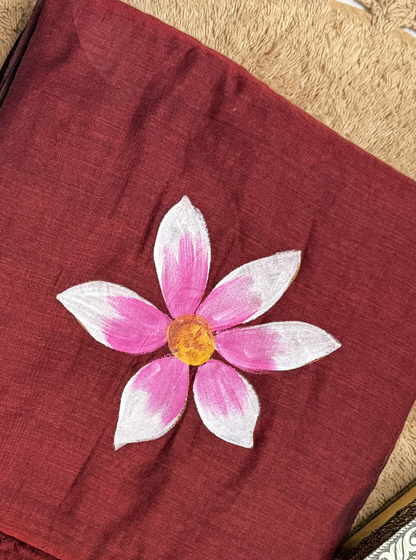 Rust Maroon Mul Cotton Saree with Hand-Painted Pink Floral Motif & Tassels