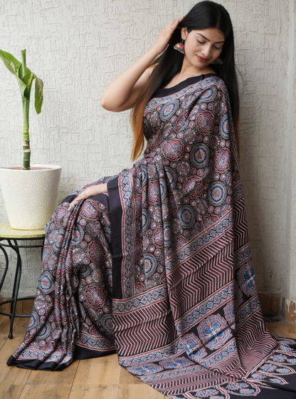 Elegant Charcoal Modal Silk Saree with Intricate Floral & Geometric Motifs