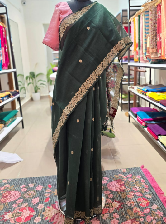 Dark Green Cotton Designer Saree with Zari Floral Border
