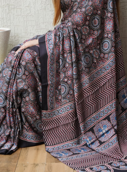 Elegant Charcoal Modal Silk Saree with Intricate Floral & Geometric Motifs