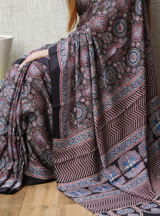 Elegant Charcoal Modal Silk Saree with Intricate Floral & Geometric Motifs