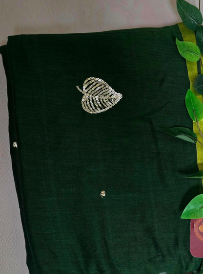 Forest Green Mul Cotton Saree with Hand Embroidered Leaf Motif