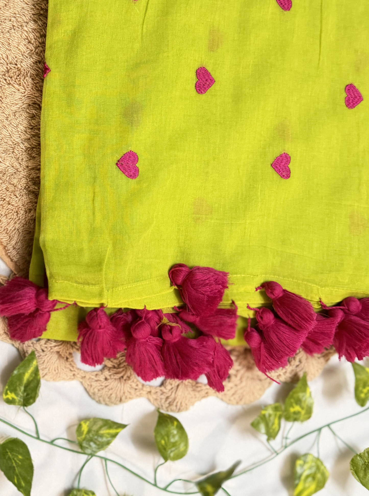 Lime Green Mul Cotton Saree with Pink Heart Motifs & Tassels