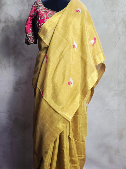 Golden Yellow Linen Tissue Saree with Delicate Motifs