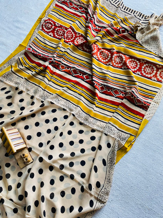 Ivory & Mustard Ajrakh Hand Block Printed Georgette Saree