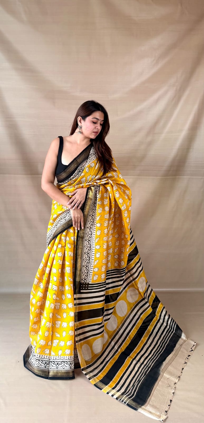 Mustard Yellow Maheshwari Silk Ajrakh Saree – Striped Pallu & Black Border