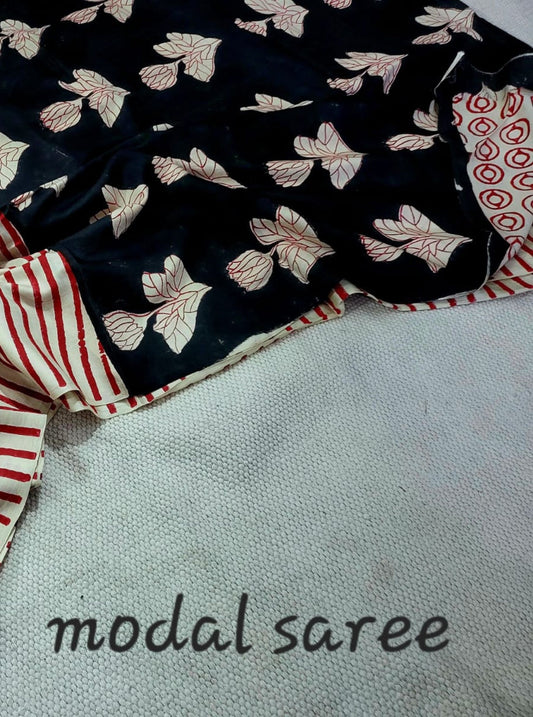 Ivory & Red Striped Modal Silk Ajrakh Saree with Leaf Motifs – Naturally Dyed Handcrafted Beauty