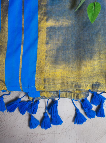 Blue & Gold Tissue Cotton Saree with Contrast Border