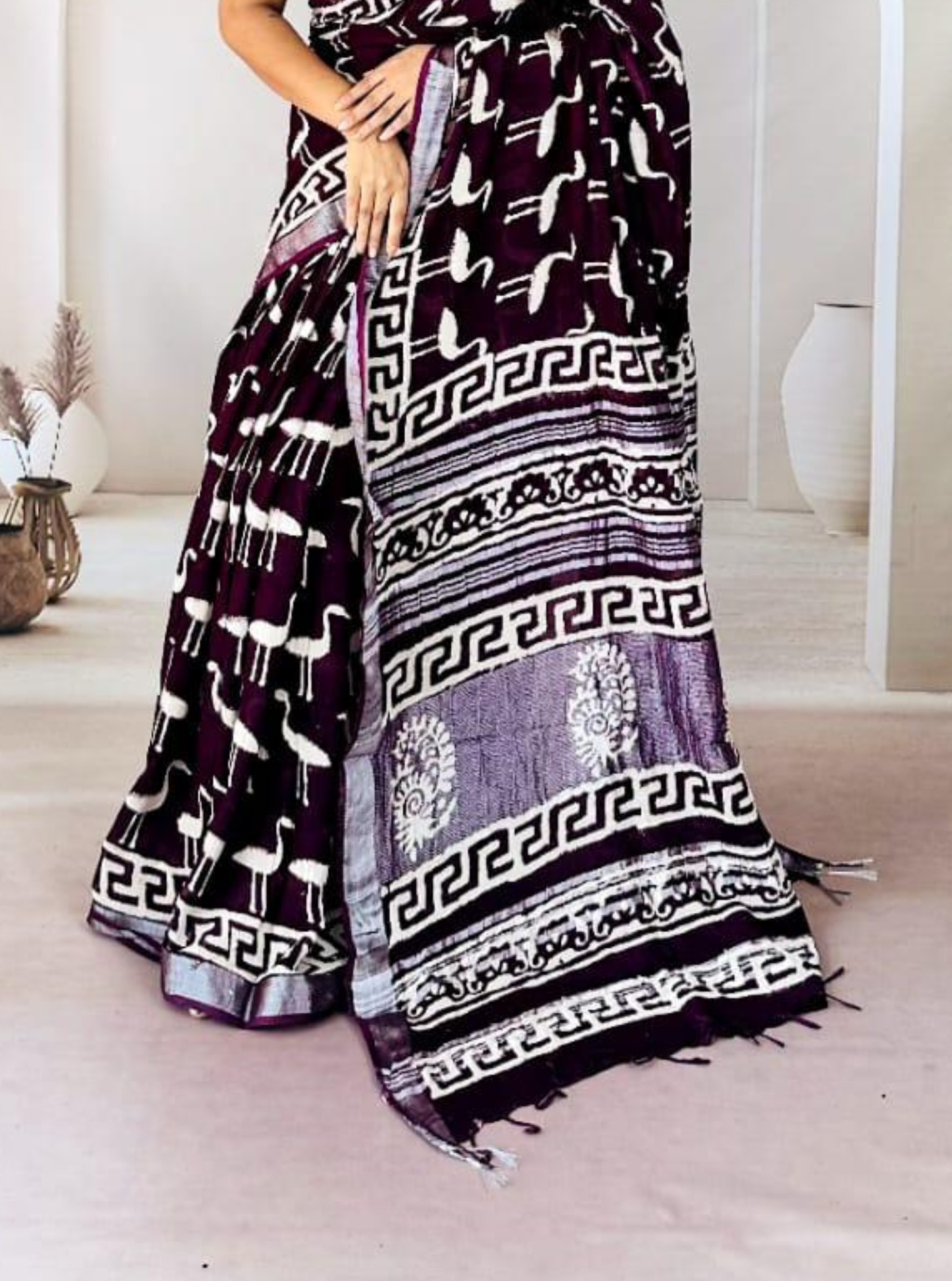 Deep Wine Hand-Printed Linen Cotton Saree with Tribal Motifs