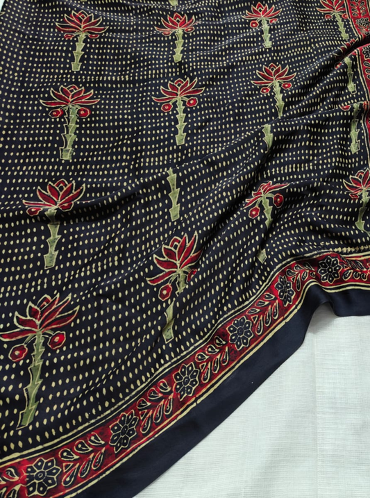 Midnight Blue Pure Modal Silk Saree with Ajrakh Lotus Motifs