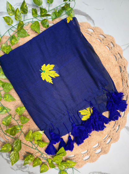 Navy Blue Mul Cotton Saree with Handcrafted Yellow Motifs & Tassel Pallu