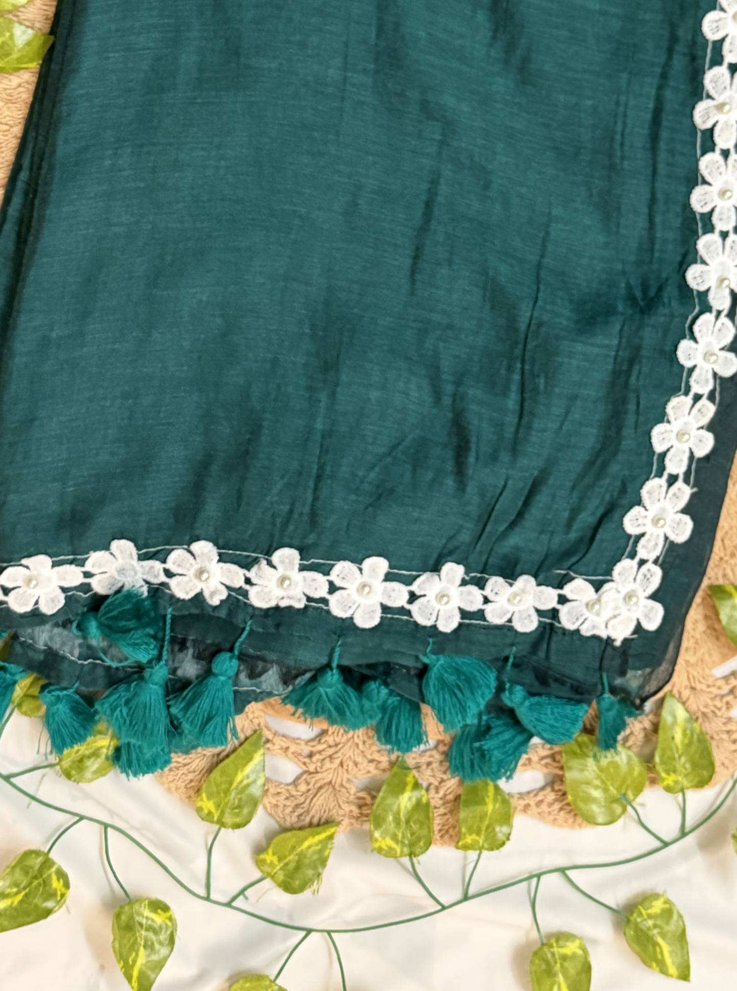 Emerald Green Mul Cotton Saree with White Floral Lace Border