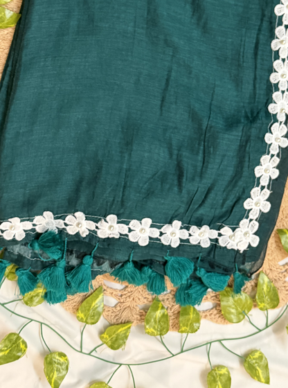 Emerald Green Mul Cotton Saree with White Floral Lace Border