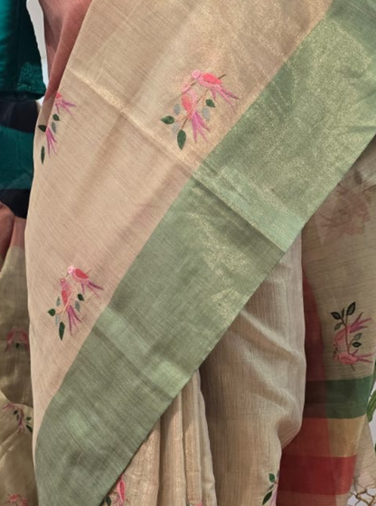 Beige Tissue Saree with Floral Embroidery & Dual-Tone Border