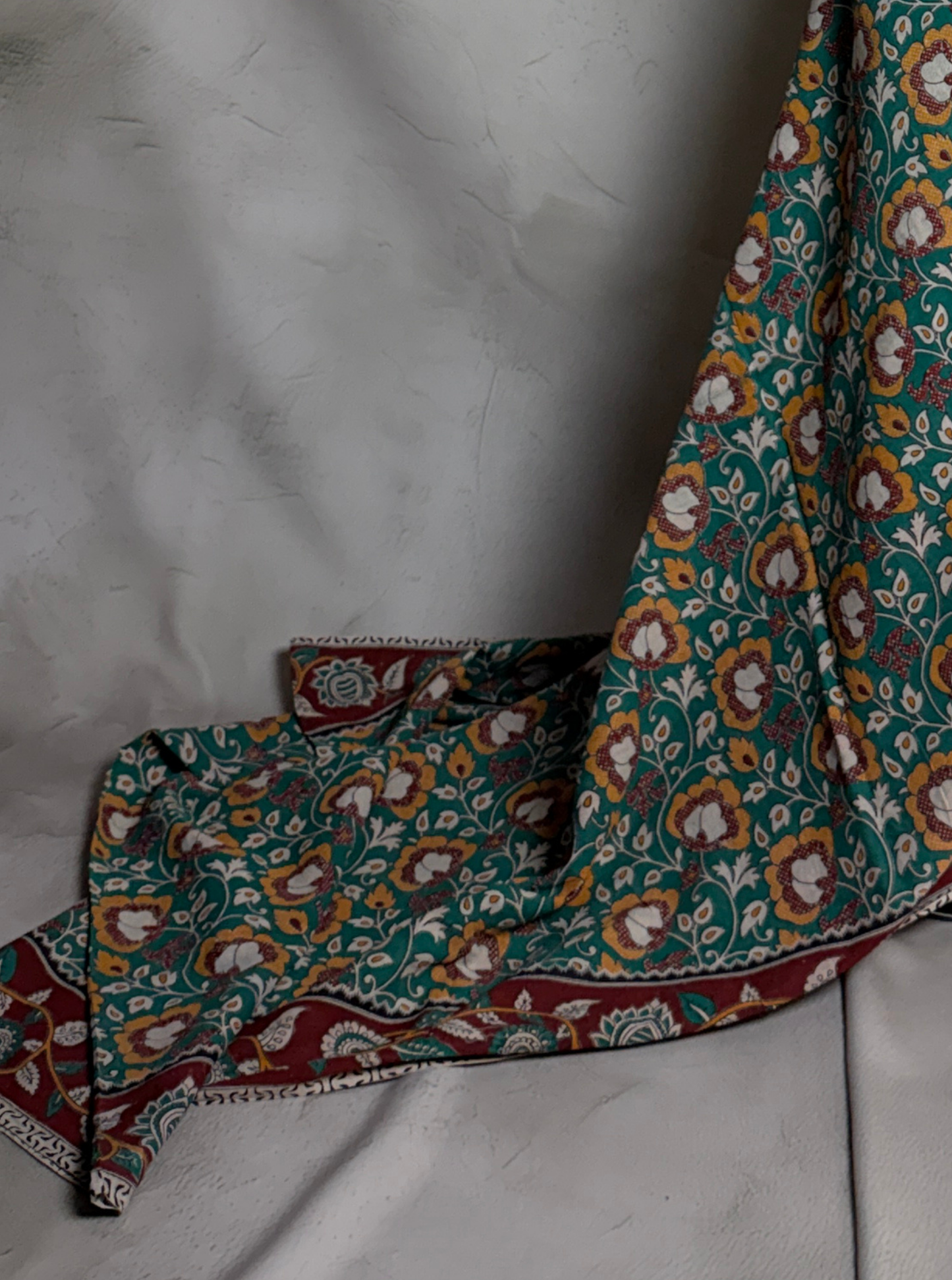 Teal Green kalamkari Cotton Saree with Floral Buti Print & Maroon Ethnic Border