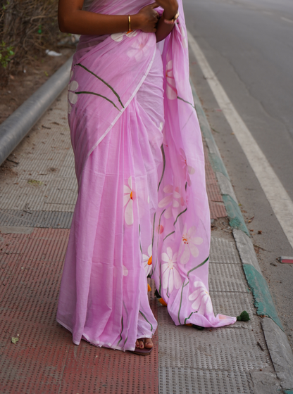 Pastel Pink Hand-Painted Mul Cotton Saree with Floral Art