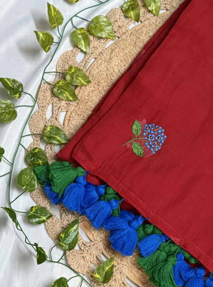 Classic Red Embroidery Mul Cotton Saree with Contrast Tassel Pallu