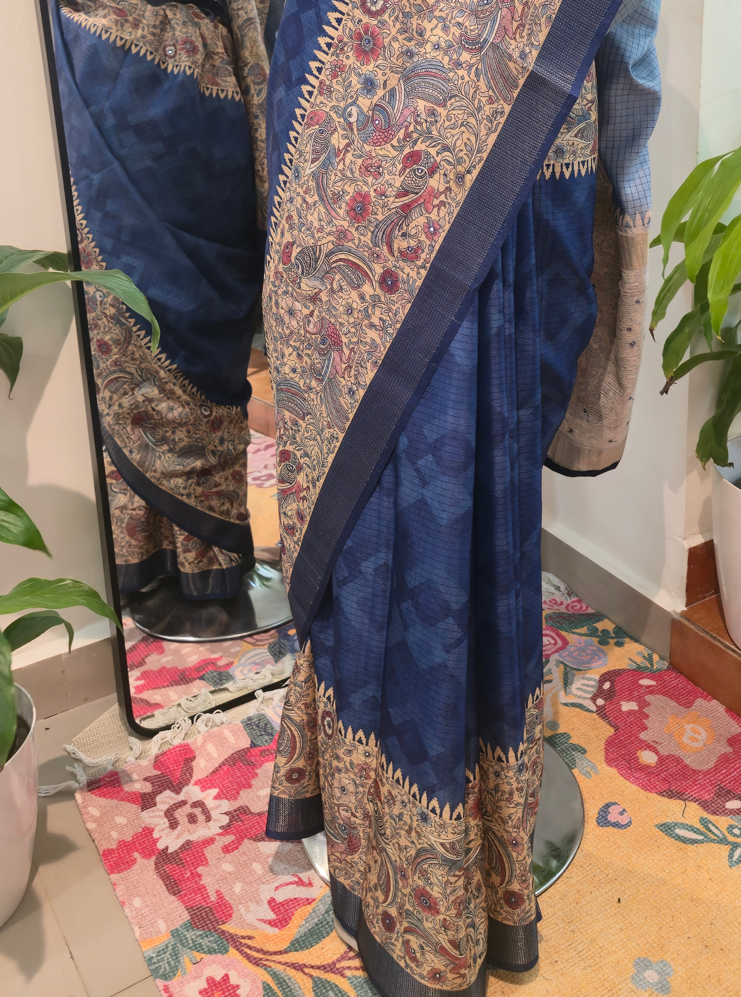 Royal Blue Tussar Silk Saree with Kalamkari-Inspired Border & Rich Pallu