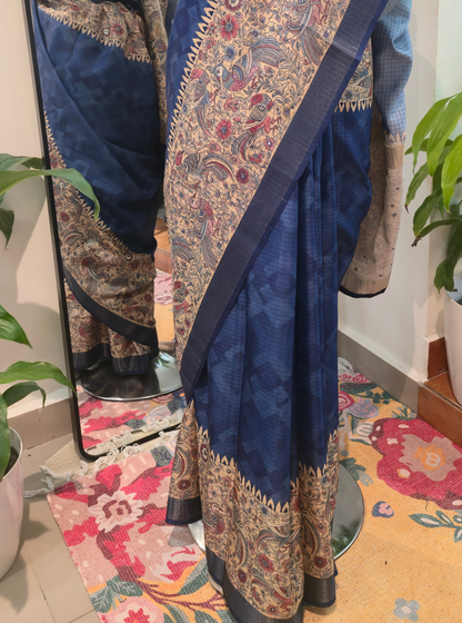 Royal Blue Tussar Silk Saree with Kalamkari-Inspired Border & Rich Pallu