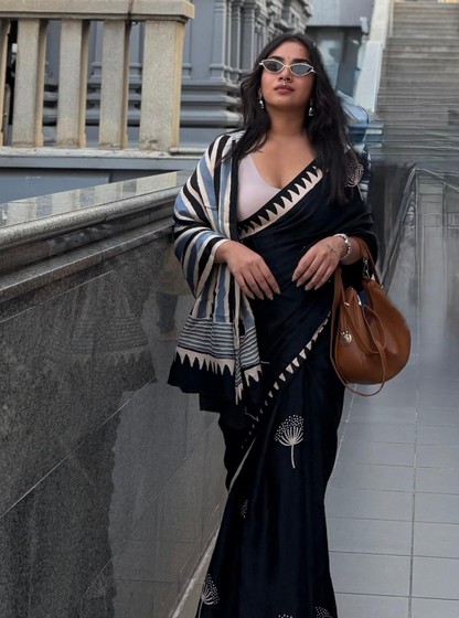 Midnight Bloom Modal Silk Hand-Blocked Ajrakh Saree
