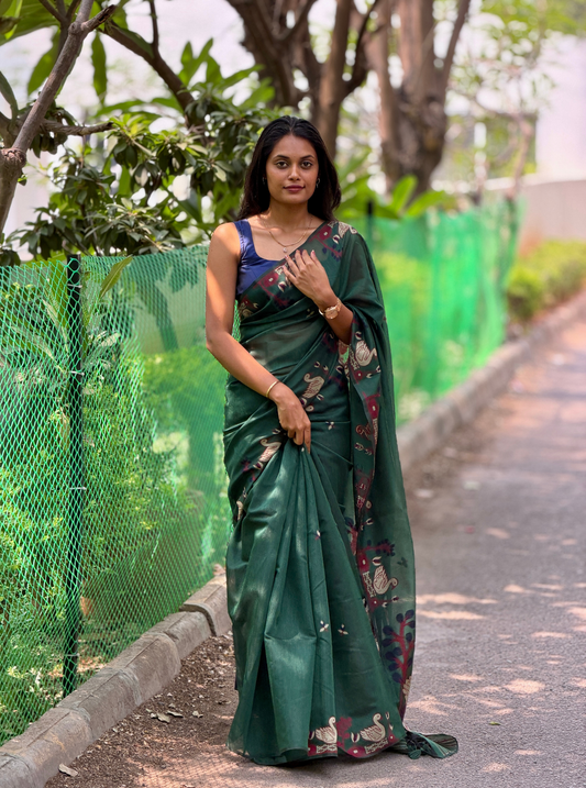 Elegant Forest Green Cotton Designer Saree with Artistic Border