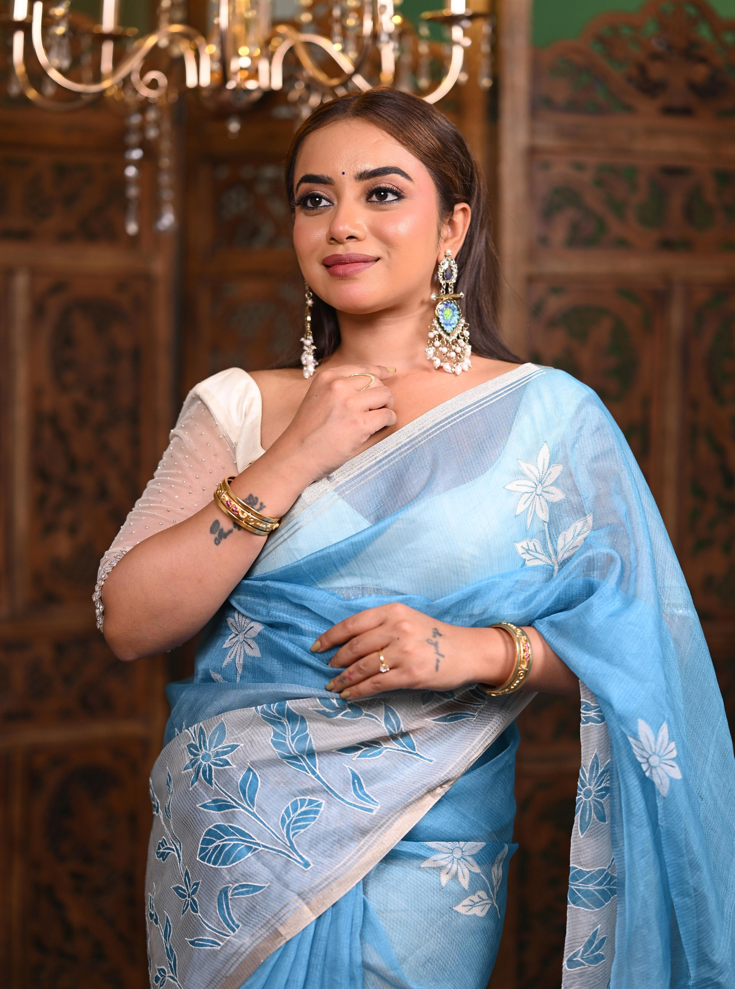 Sky Blue Kota Applique Cutwork Saree with Floral Detailing