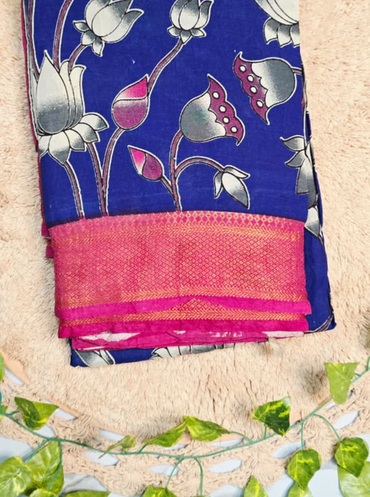 Royal Blue Kalamkari Mangalagiri Silk Saree with Lotus Motifs & Contrast Zari Border