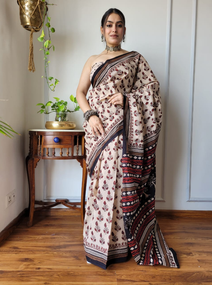 Elegant Beige Cotton Ajrakh Saree with Contrast Ethnic Pallu