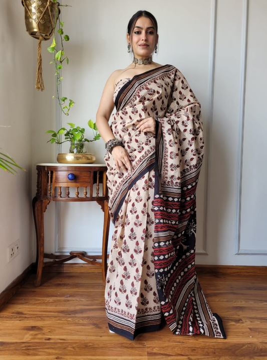 Elegant Beige Cotton Ajrakh Saree with Contrast Ethnic Pallu
