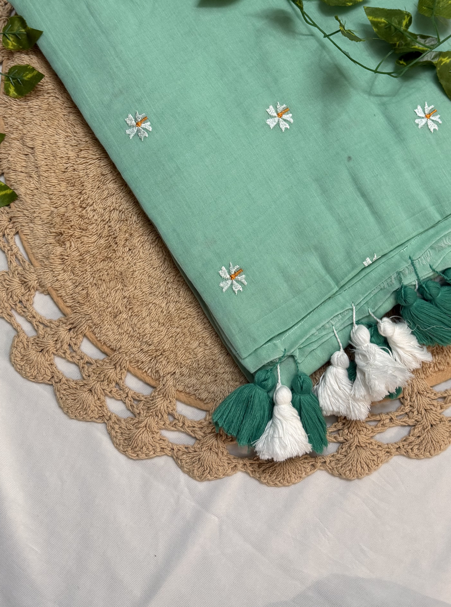 Mint Green Mul Cotton Saree with Floral Butti & Dual-Tone Tassels