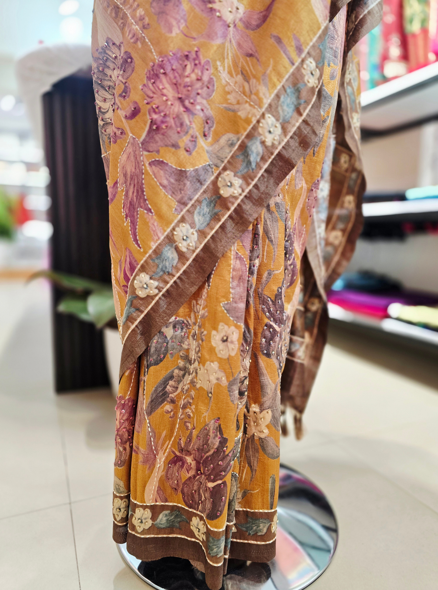 Elegant Mustard Tussar Silk Saree with Floral Embroidery