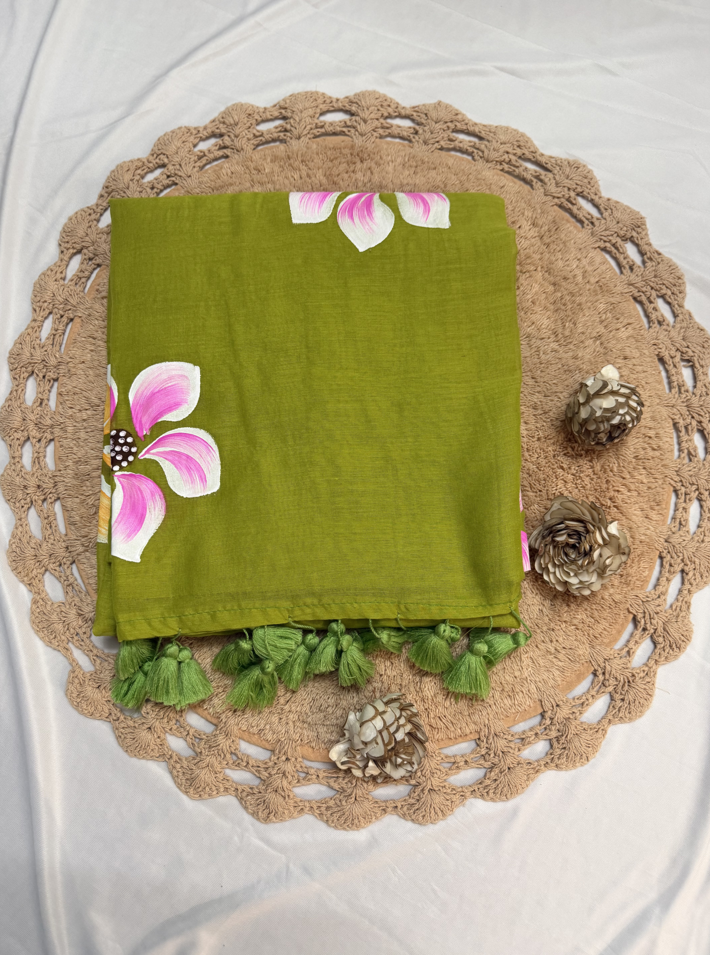 Elegant Olive Green Hand-Painted Mul Cotton Saree with Pink Floral Design & Tassels