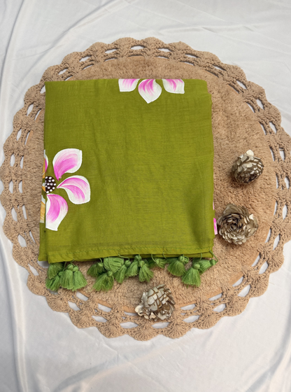 Elegant Olive Green Hand-Painted Mul Cotton Saree with Pink Floral Design & Tassels