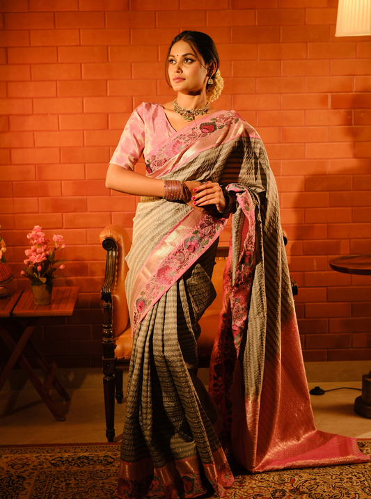 Elegant Grey Designer Silk Saree with Pink Embroidered Border