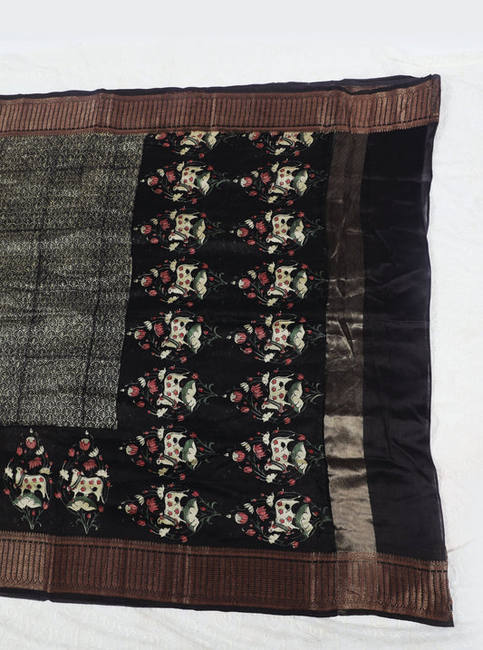 Black Chanderi Silk Saree with Floral Motif Panels & Antique Zari Border