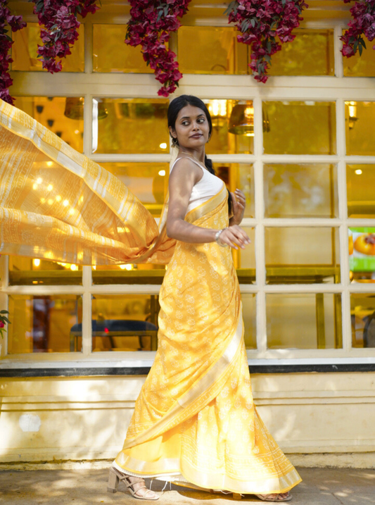 Sunshine Yellow Hand-Printed Linen Cotton Saree with Classic Borders