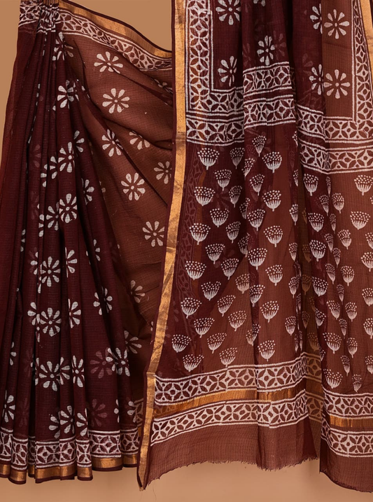 Graceful Kota Doria Saree in Deep Brown with Floral Block Prints