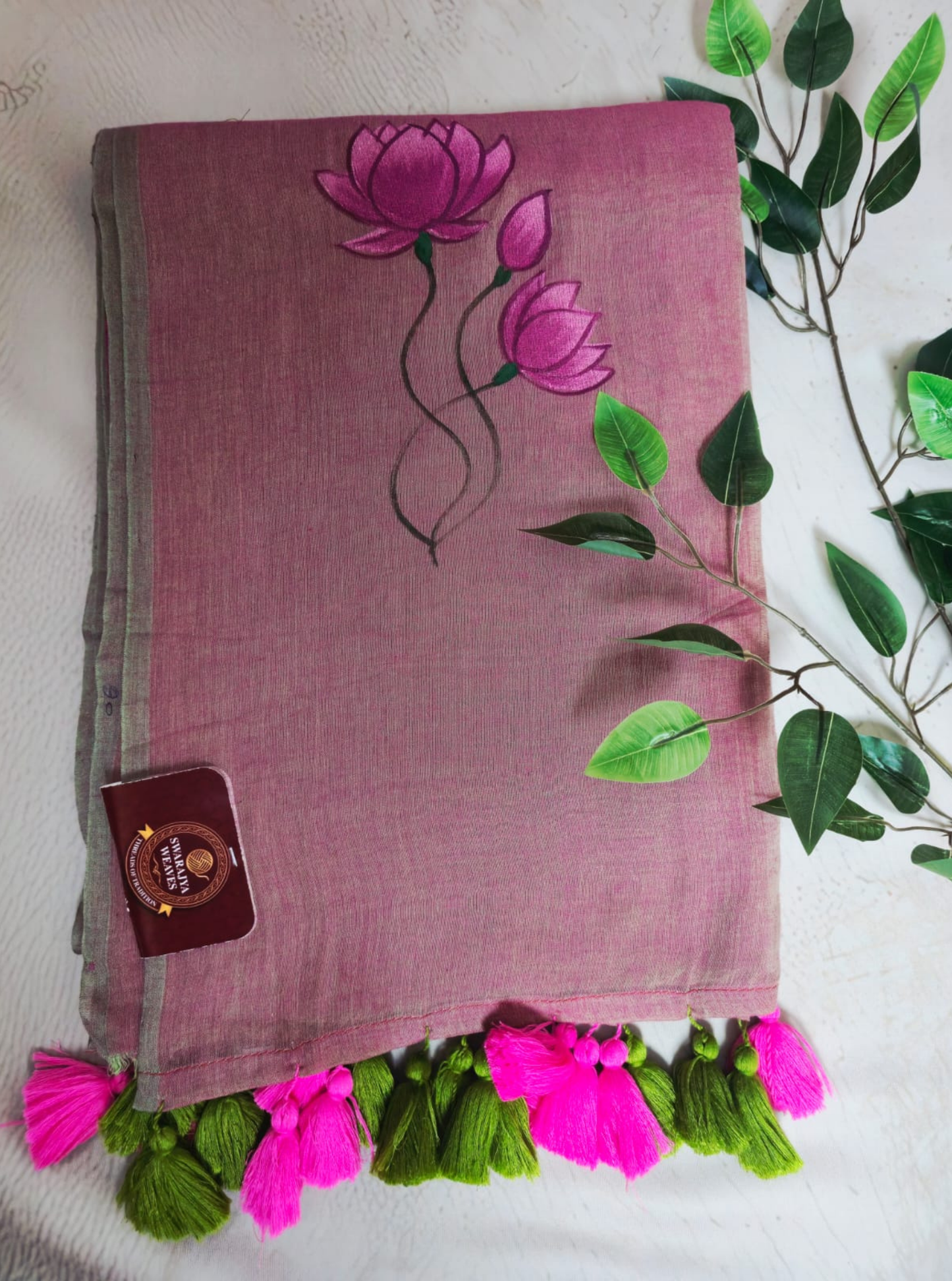 Blush Pink Mul Cotton Saree with Lotus Hand Embroidery & Tassels