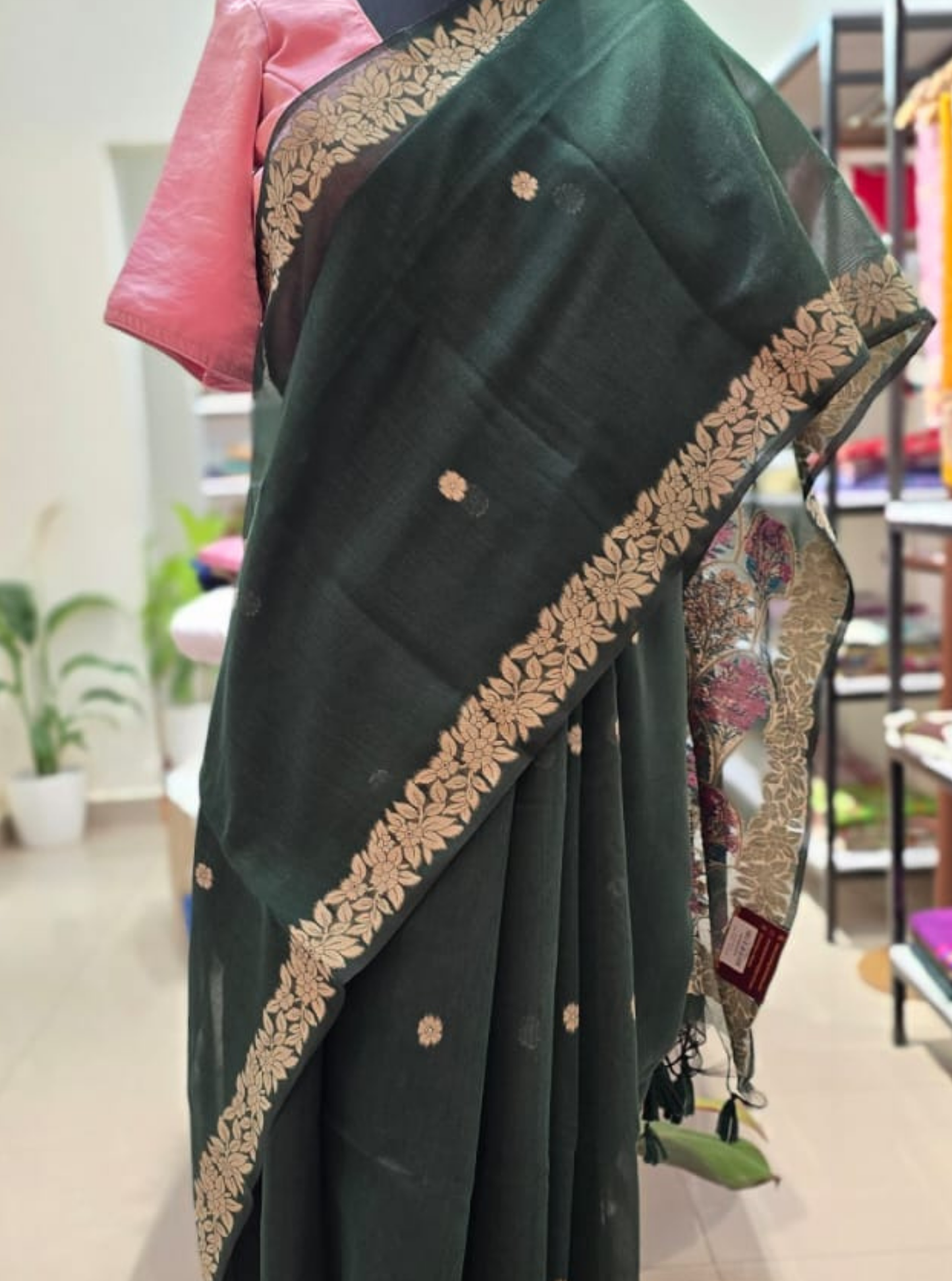 Dark Green Cotton Designer Saree with Zari Floral Border