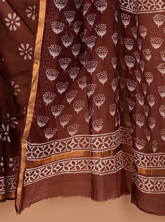 Graceful Kota Doria Saree in Deep Brown with Floral Block Prints