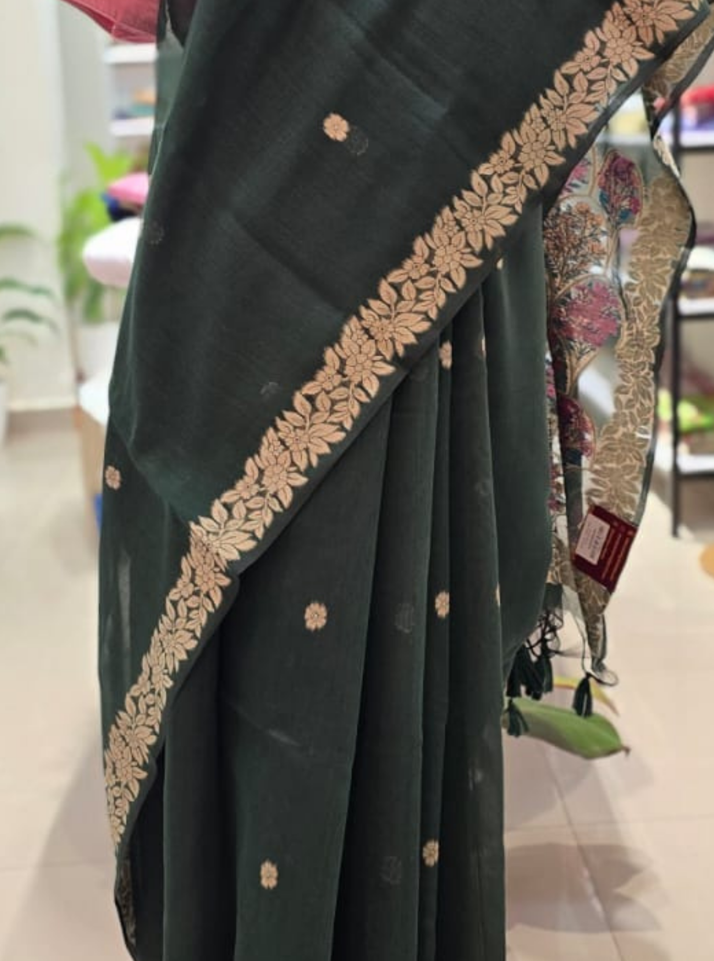 Dark Green Cotton Designer Saree with Zari Floral Border