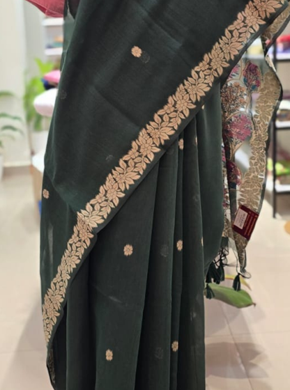Dark Green Cotton Designer Saree with Zari Floral Border