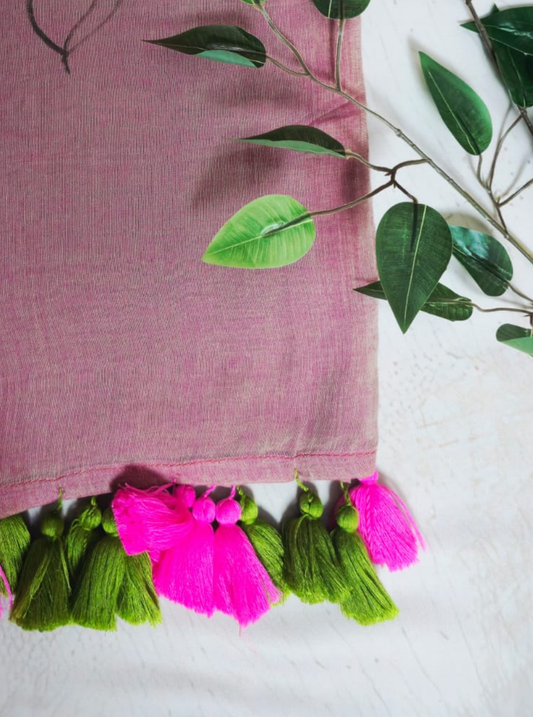 Blush Pink Mul Cotton Saree with Lotus Hand Embroidery & Tassels