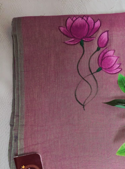 Blush Pink Mul Cotton Saree with Lotus Hand Embroidery & Tassels