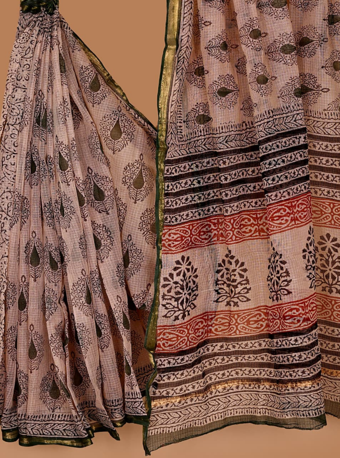 Elegant Kota Doria Saree in Beige with Traditional Bagru-Inspired Prints