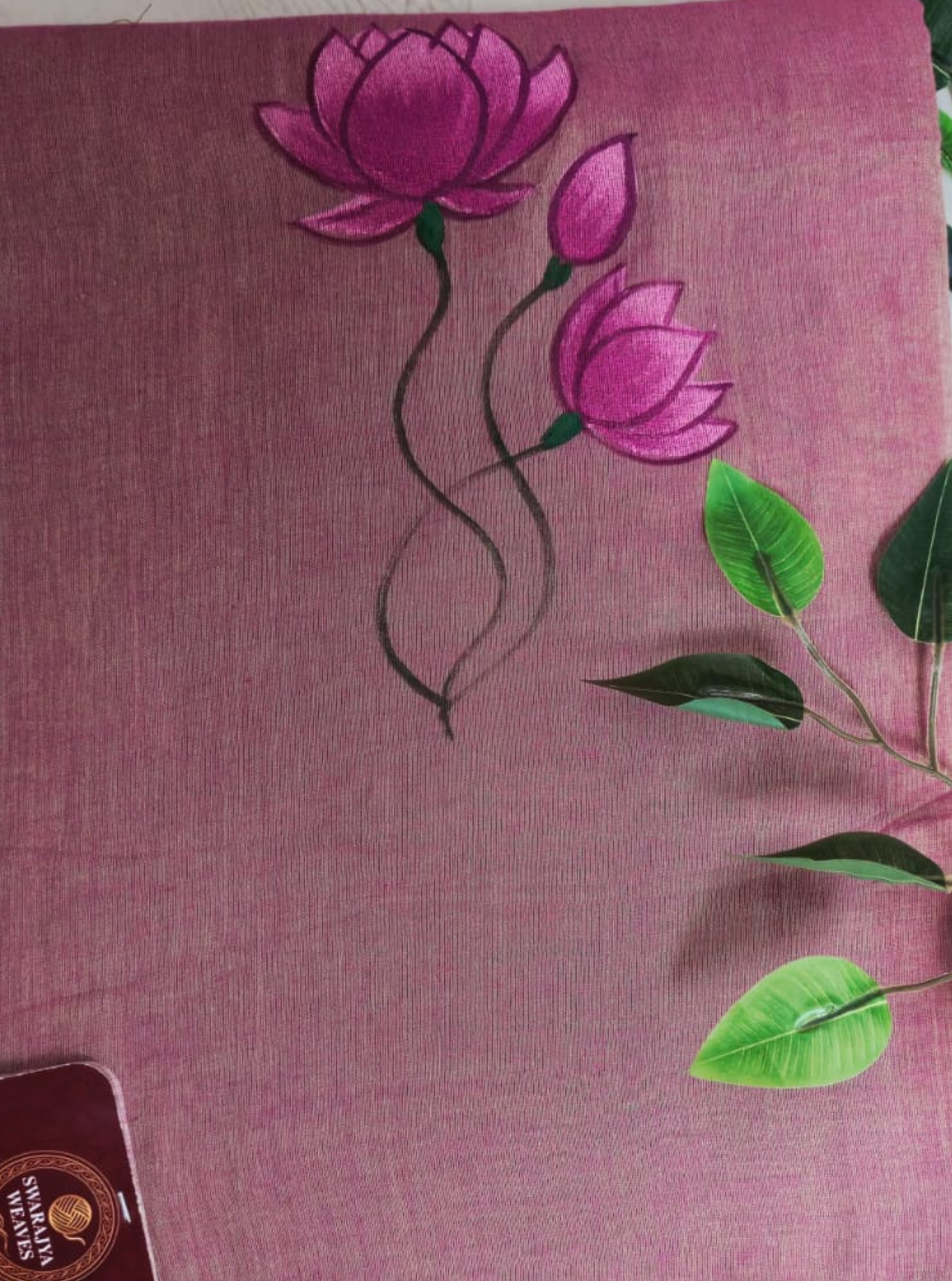 Blush Pink Mul Cotton Saree with Lotus Hand Embroidery & Tassels