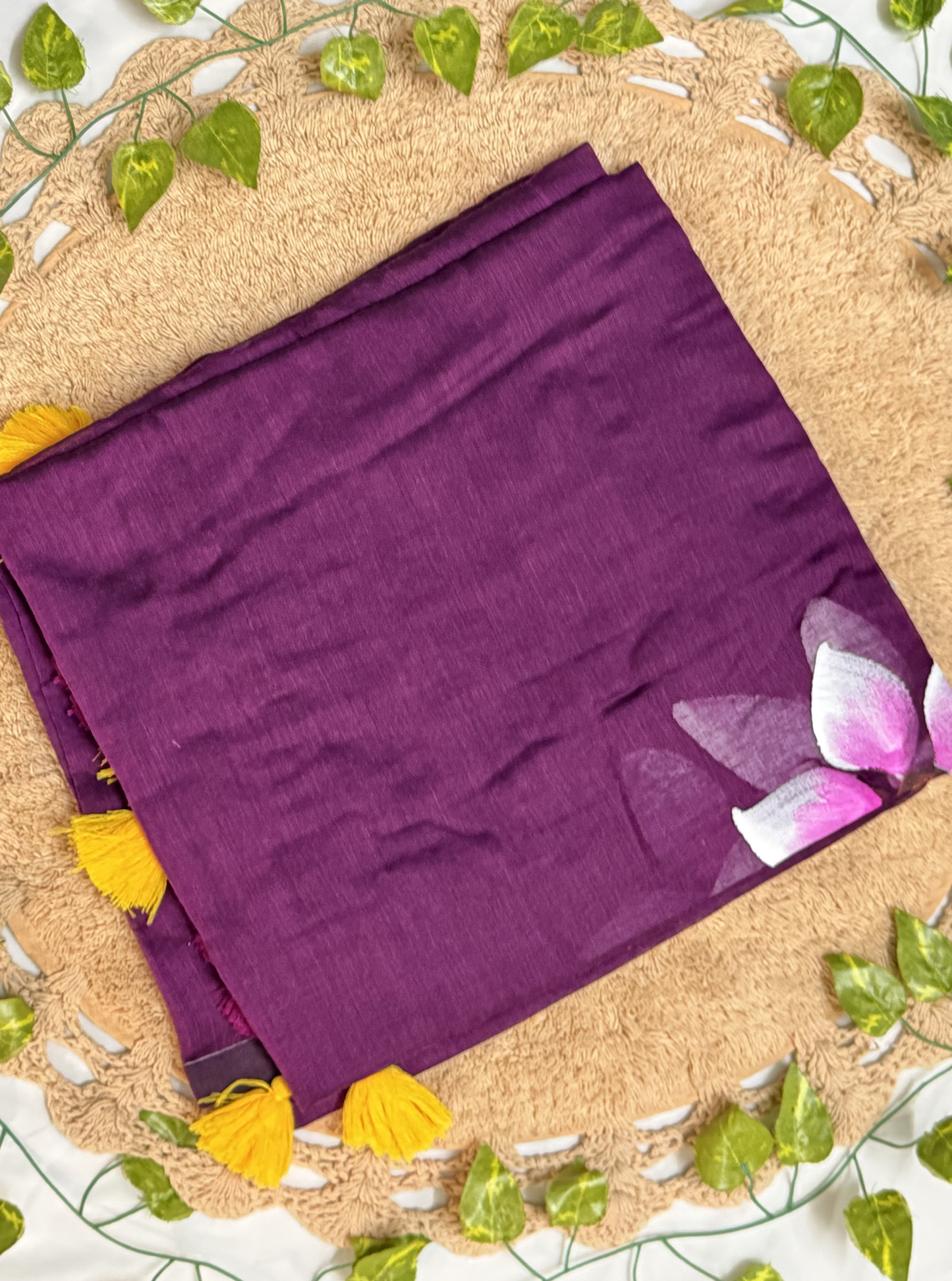 Purple Mul Cotton Saree with Hand-Painted Floral Accent & Contrast Tassels